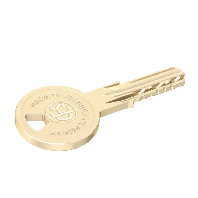 Goldfarbene Schlüssel mit einer runden Kopf- und langen Klinge.