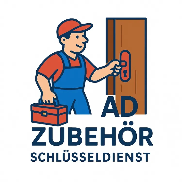 Männlicher Handwerker mit Werkzeugkiste, der eine Tür öffnet, Logo für AD Zubehör Schlüsseldienst.