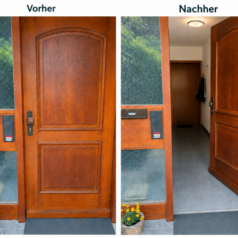 Schlüsseldienst Öhringen Holztür mit Glasdetails; links „Vorher“ und rechts „Nachher“ mit offener Tür.